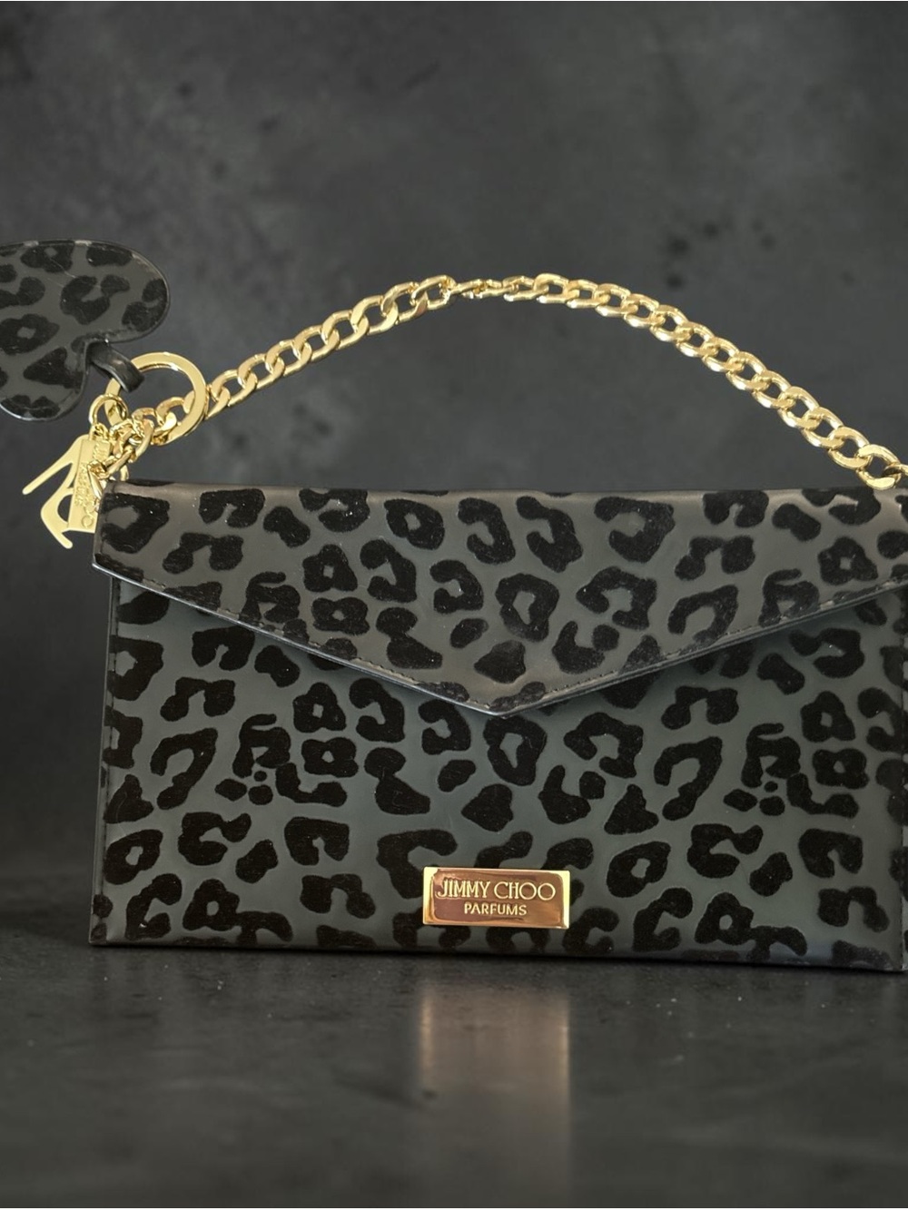 Jimmy Choo Black Leopard-Print Envelope Clutch with Gold Chain and Keychain
